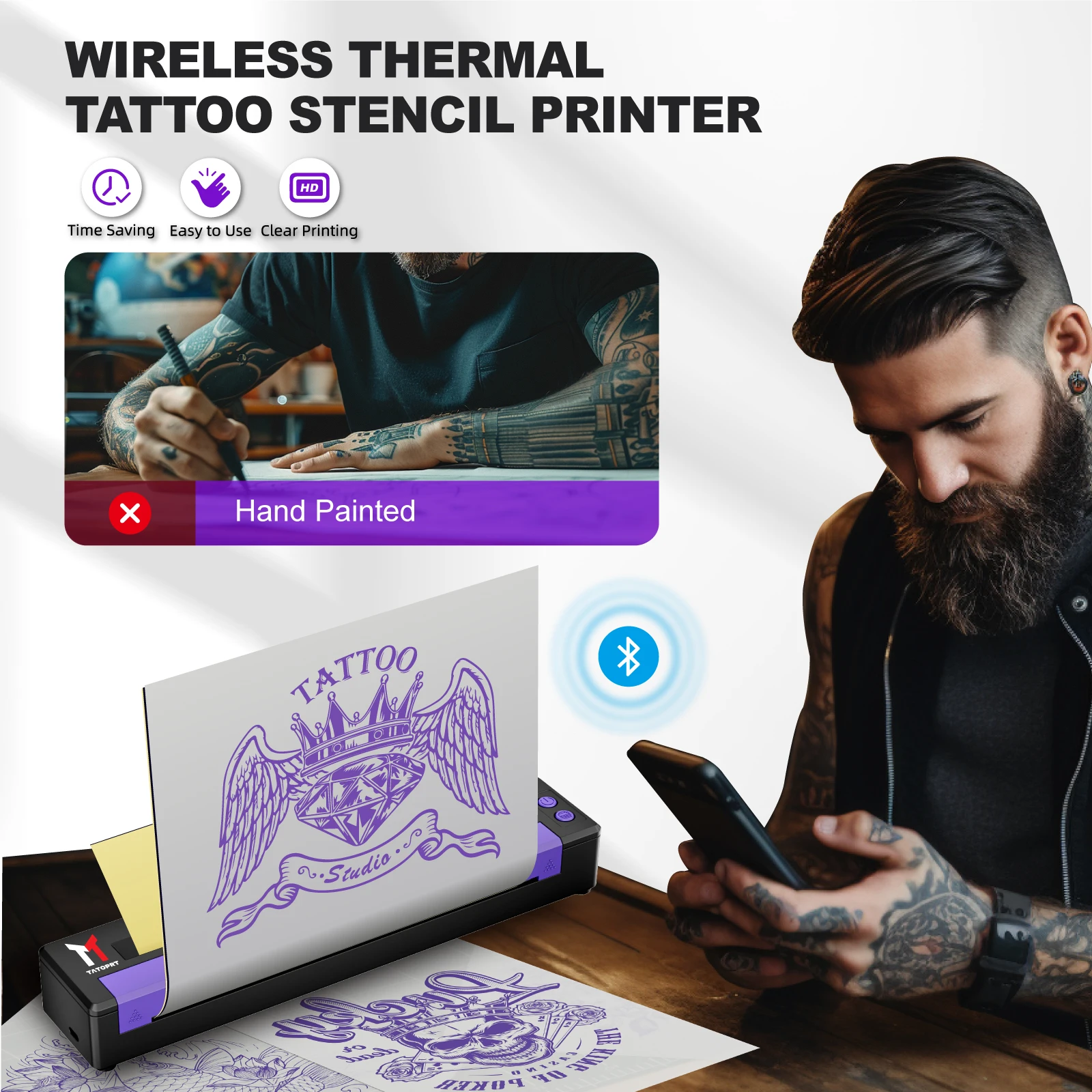 MHT-Tattoo Printer Machine Tattoo Stencil Thermal Copier Wireless Battery Transfer A4 size Mini
