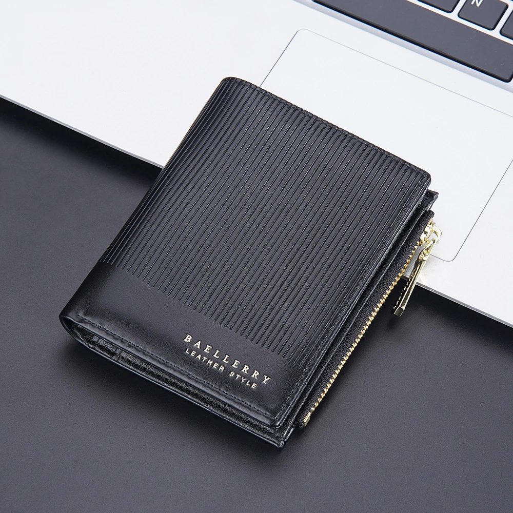 

Baellerry Small Purse Wallet for Men Black Leather Men's Wallets Slim Male Wallet Card Holder Fashion Vertical Stripe Mini Purse