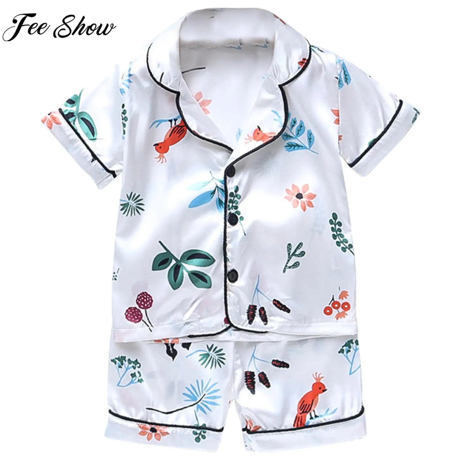 

Детская Повседневная шелковая мягкая Пижама, комплект одежды для сна, топ с коротким рукавом и отложным воротником и шорты для мальчиков и девочек, летняя одежда для отдыха, Ночная одежда