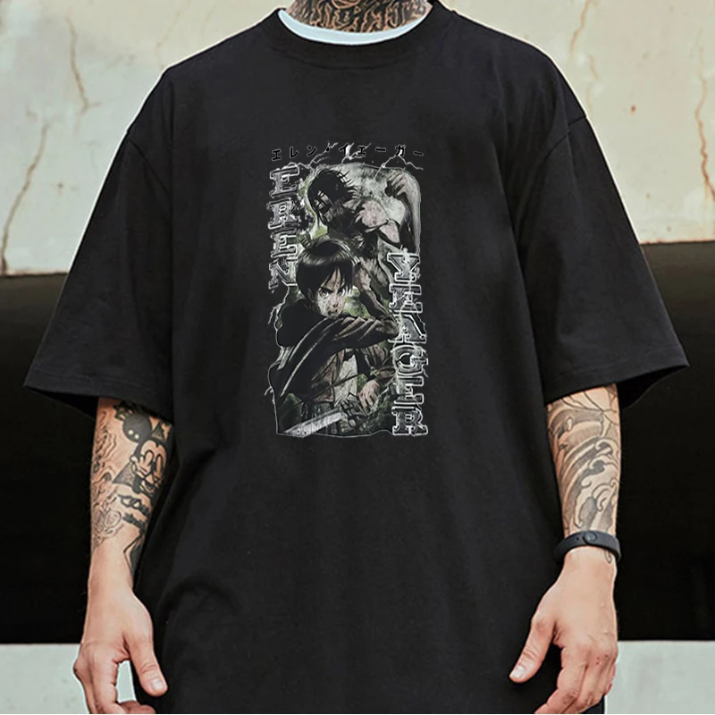 

Футболка мужская оверсайз с графическим принтом Эрена и японского аниме «атака на Титанов»