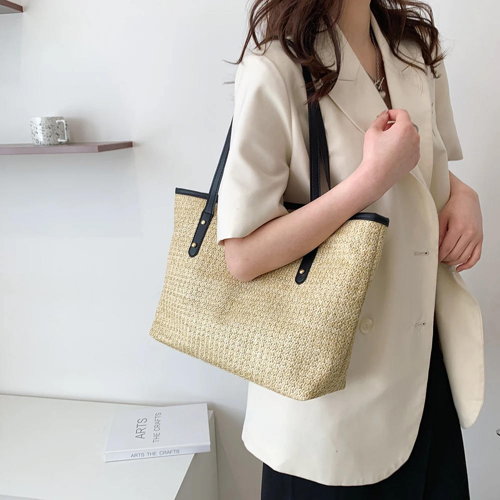 

Women Straw Shoulder Tote Bag Portable Female Summer Beach Woven Handles Totes Casual Daily Holiday Brand Designer Handbags