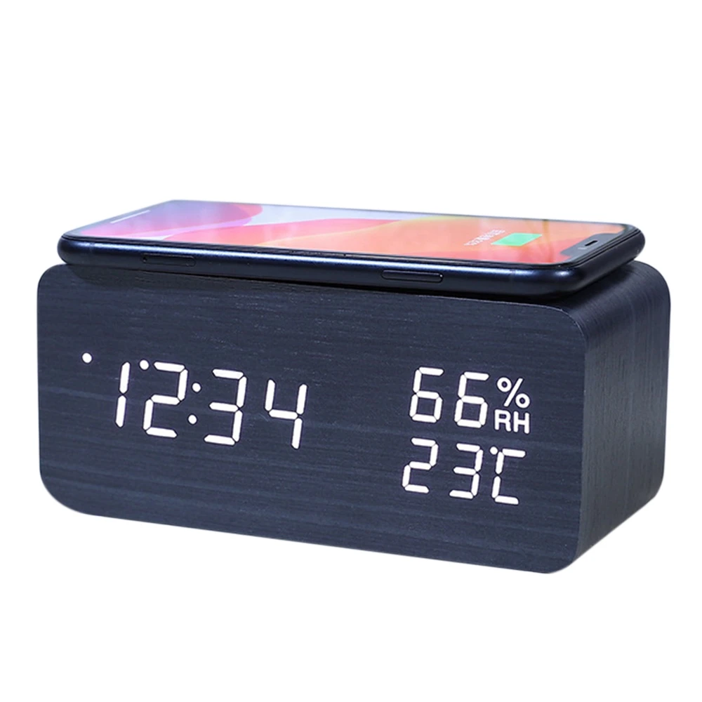 

Digital Alarm Clock, Temperature and Humidity Alarm Clock LED Electronic Clock Smartphone Wireless Charger (Black)