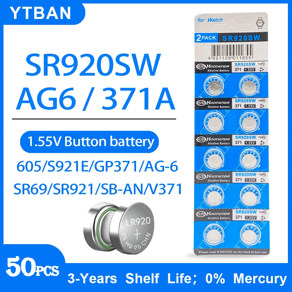 50 шт., кнопочные батарейки 1,55 в AG6 371 SR920SW LR920 SR927 171 370 L921 LR69 SR920