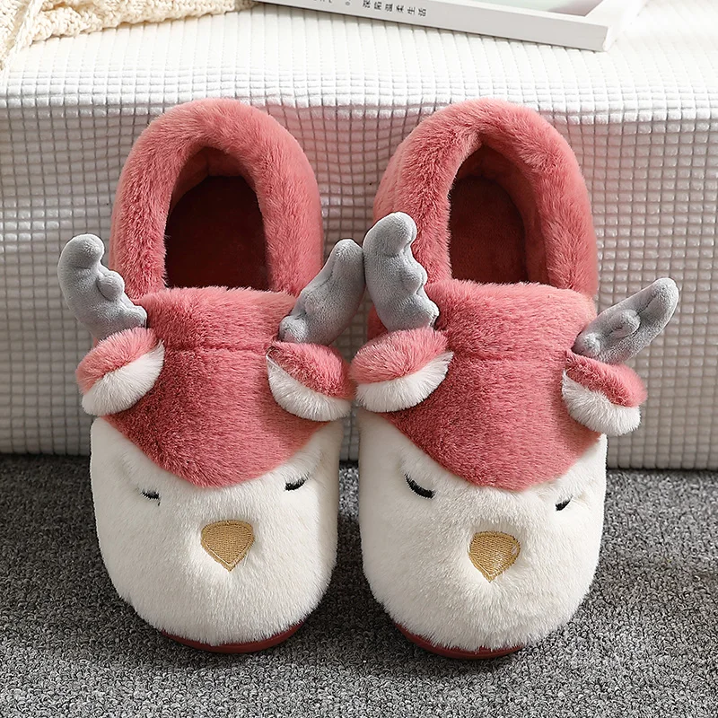 

Couples Women Winter Home Slippers Cartoon Reindeer Non Slip Warm Men Bedroom Indoor Home Floor Furry Shoes Christmas Gift