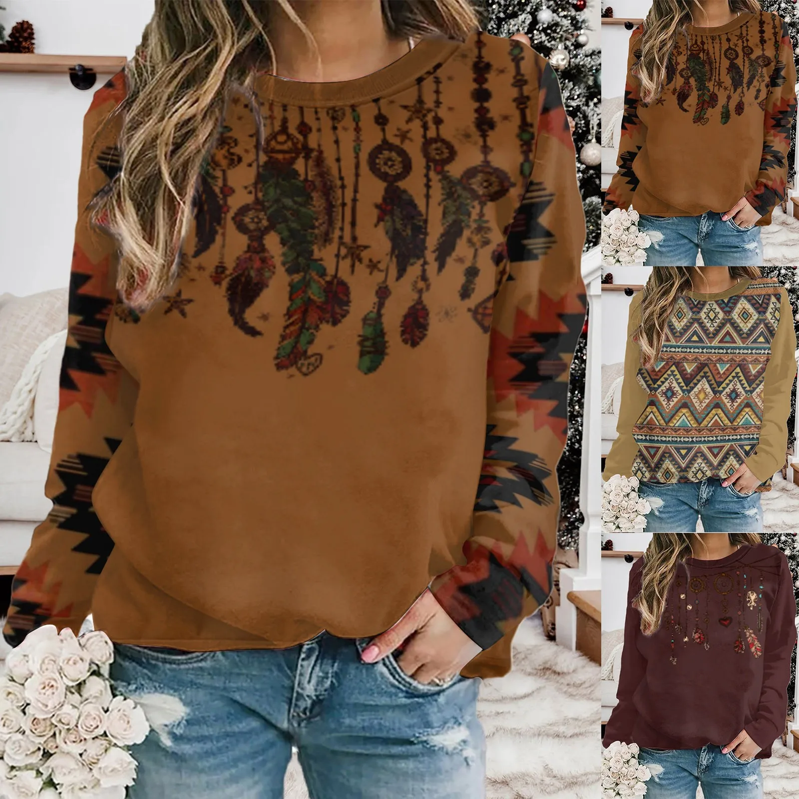 

Girl Tie Women Pullover Casual Ethnic L Print Long Sleeved O Neck Fashion Warm Autumn Winter Hooded Long Sleeve Shirt Women