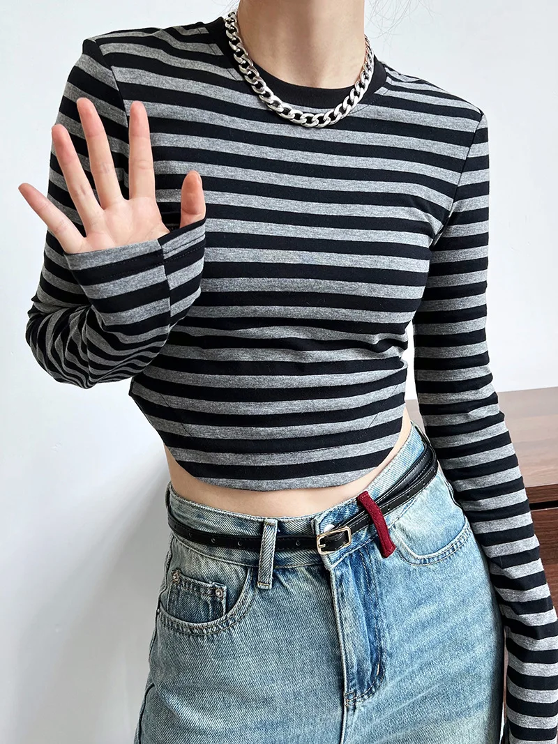 

Tall waist bump color stripe long sleeve T-shirt fashionable short arc top female hem cultivate one's morality