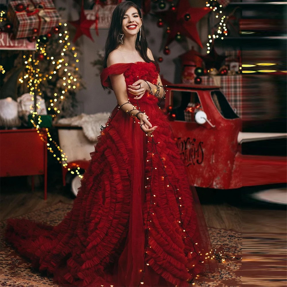 

Шикарные красные тюлевые вечерние платья Xijun с оборками в несколько рядов, с открытыми плечами, ТРАПЕЦИЕВИДНОЕ плиссированное платье, платье для свадебной вечеринки 2023