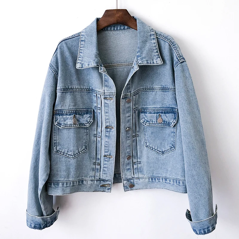 

Vintage Wash Light Blue Denim Jacket Women Loose Short Casual Cowboy Outerwear Big Pocket Long Sleeve Jeans Jacket Coat Female