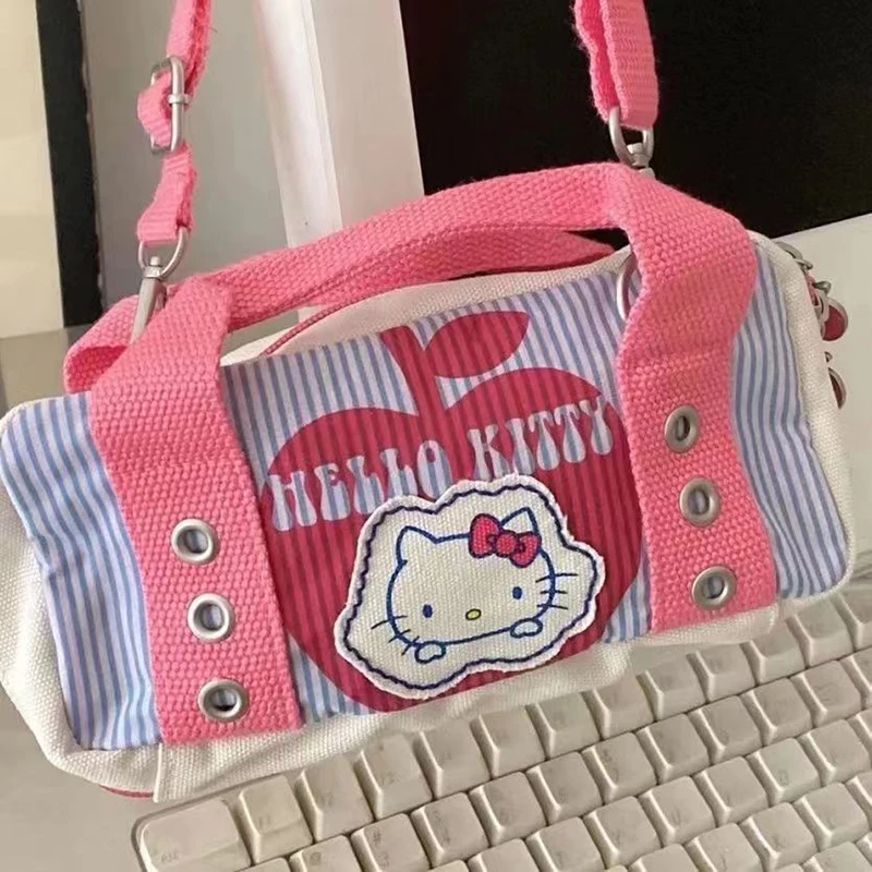

Kawaii Sanrio Cartoon Hello Kitty Handbag Pink Canvas Versatile Leisure Time Picnic Literature Lattic Storage Bag