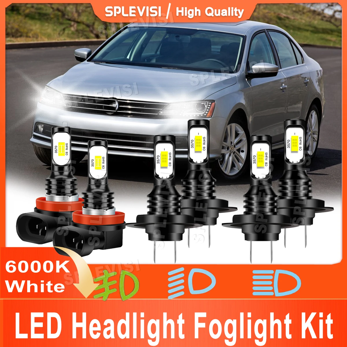 

Led Car Light Bulbs 6000K White Fit For Volkswagen Jetta 2015 2016 2017 2018 2019 High Low Beam Foglamp H7 H7 H11 Combo SPLEVISI