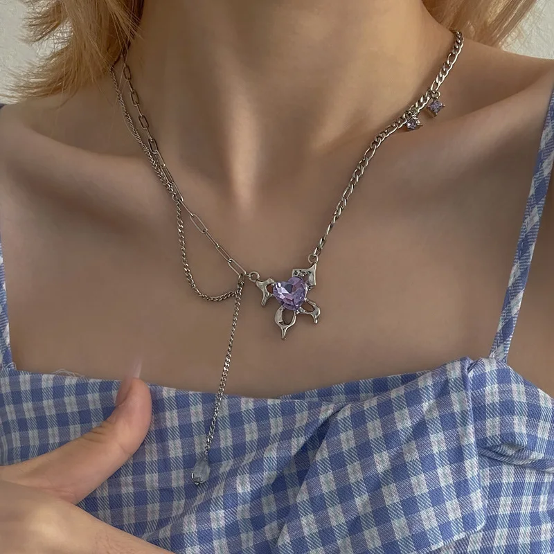 

Ожерелье фиолетовое с сердечками и бабочками для девушек, Корейская версия в стиле хип-хоп, дизайнерская цепочка на ключицу