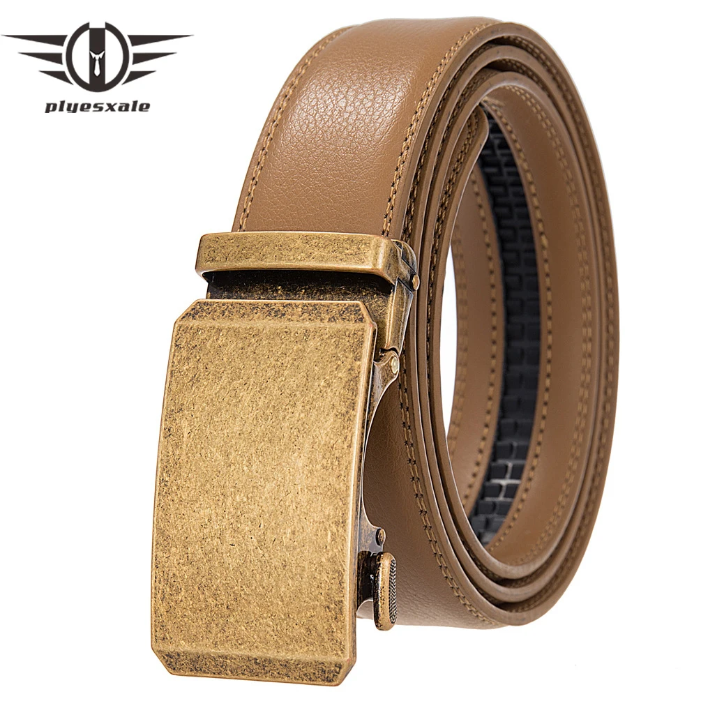 

Plyesxale Men's Belt Cowskin Leather Belts Brand Fashion Automatic Buckle Black White Formal Belts for Men 3.5cm Width B963