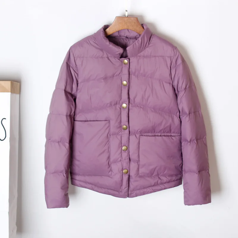 Slim Puffer Jacket Autumn Winter Women Short Pocket Solid Colors Ultra Light Duck Down Coat Oversize Parkas with Single Breasted