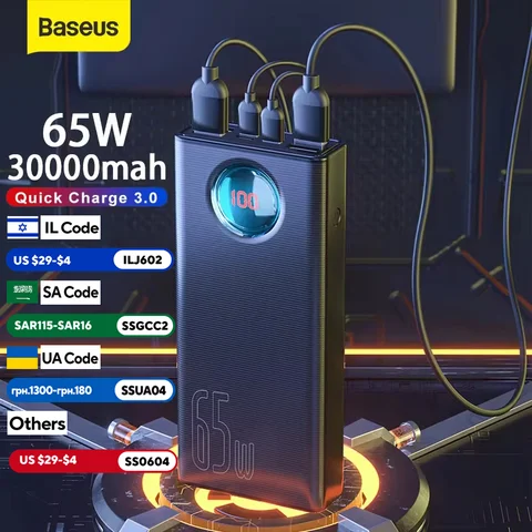 Baseus Power Bank 30000 мАч 65 Вт PD3.0 Быстрая зарядка 3.0 FCP SCP Портативный внешний аккумулятор для iPhone 14 12 13 Ноутбук Планшет Power Bank