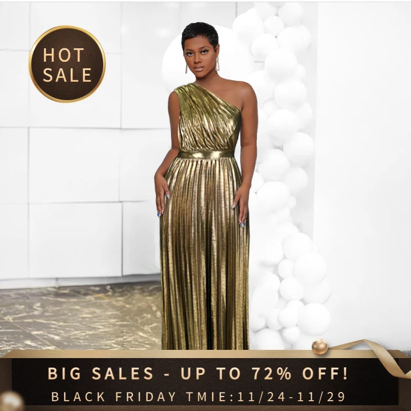 

Party Dresses Women Evening Elegant Maxi Long Metallic Pleated Dress Sexy One Shoulder Sleeveless High Waist Shiny Luxury Gowns