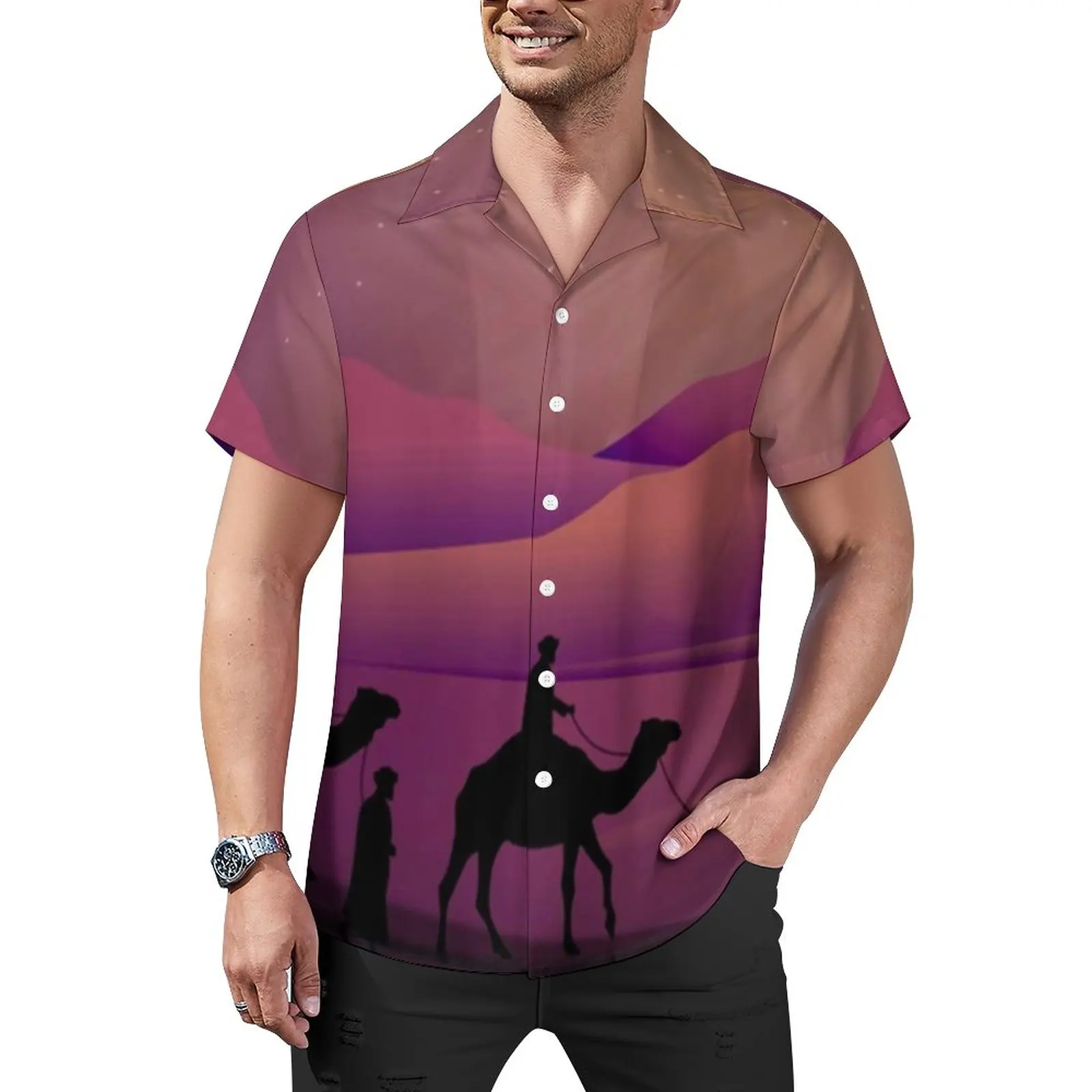 

Рубашка мужская оверсайз с принтом верблюжьих звезд, Повседневная Блузка в гавайском стиле, с коротким рукавом, с графическим принтом, для о...