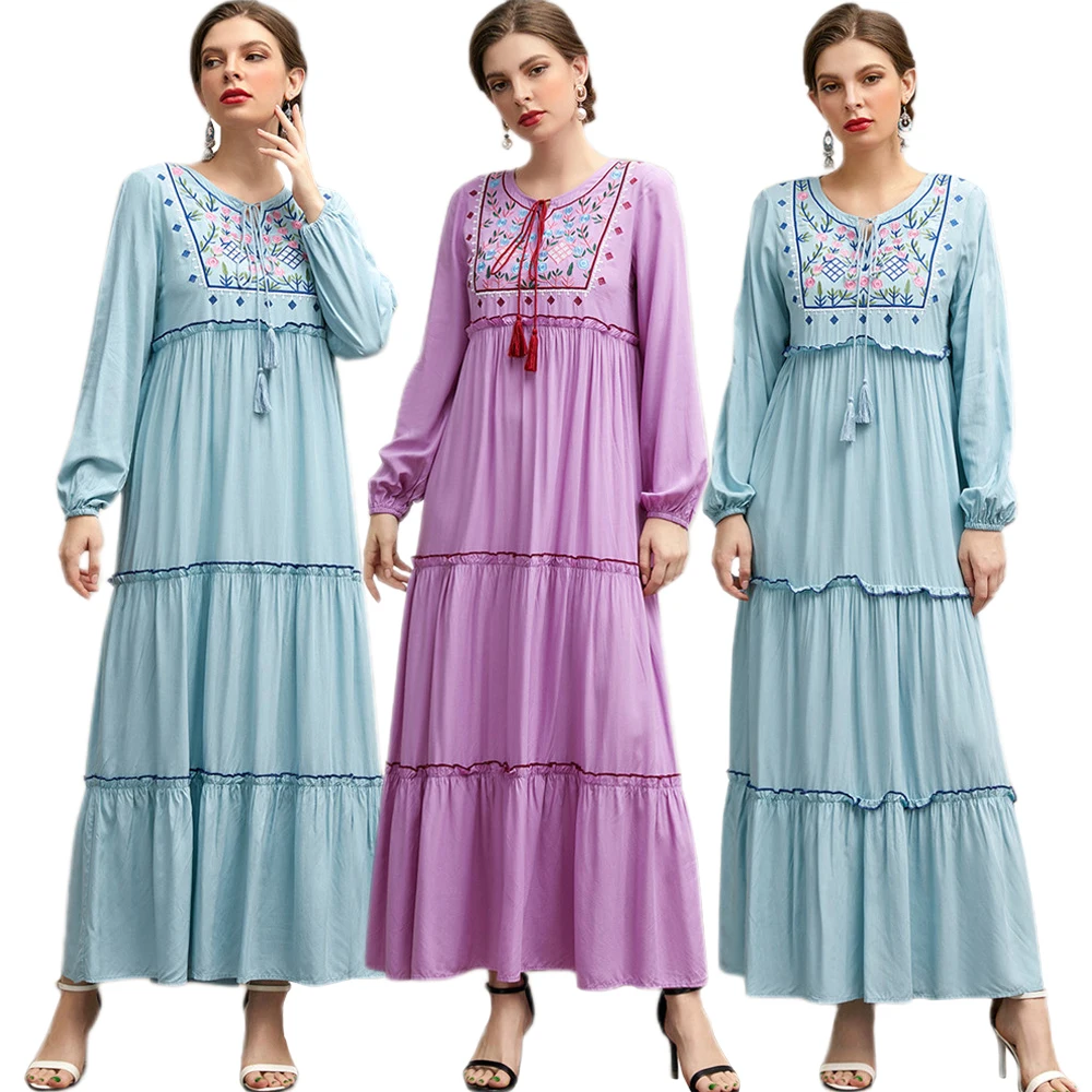 

Ramadan Eid Ethnic Embroidery Tassel Pleated Abaya Muslim Long Maxi Dress Turkey Arab Islamic Dubai Party Femme Robe Vestidos