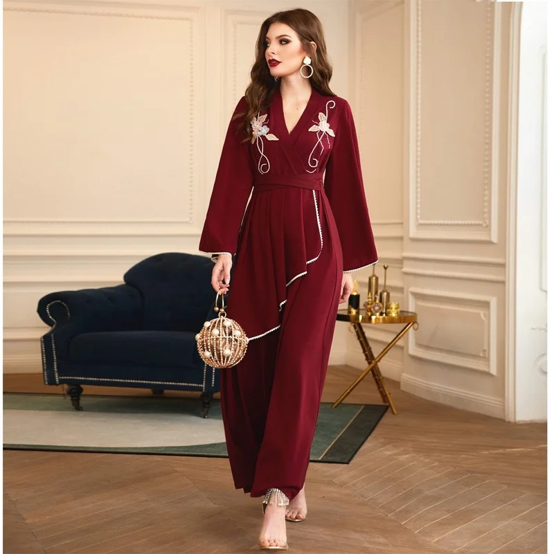 Dubai Handmade Pearls Dress Abaya Women Spring Fashion Flare Sleeve Eid Party Gown Robe Islamic Muslim Turkey Morocco Clothes