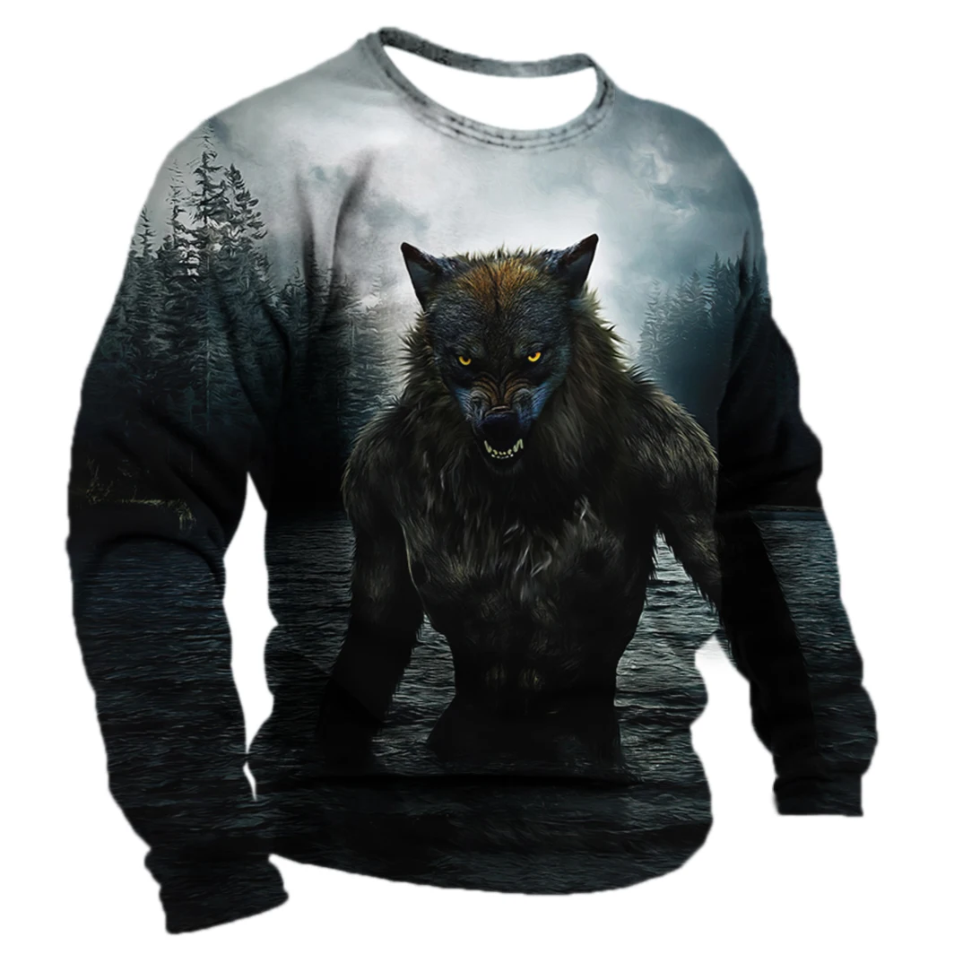 

Винтажные футболки, мужская одежда, футболки с 3d-изображением волка, мужские топы с длинным рукавом, зимний костюм, свободная повседневная о...