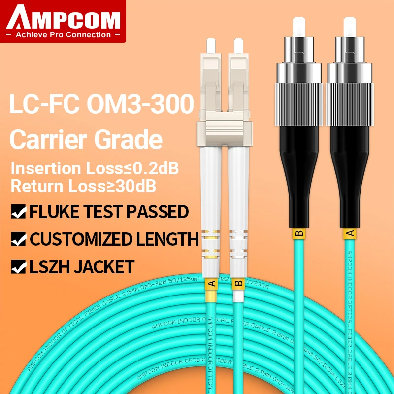 

AMPCOM OM3 LC to FC UPC Fiber Optical Patch Cable Multimode Duplex MMF 50/125μm 10Gbps Bend Insensitive 2.0mm Fiber Optic Cord