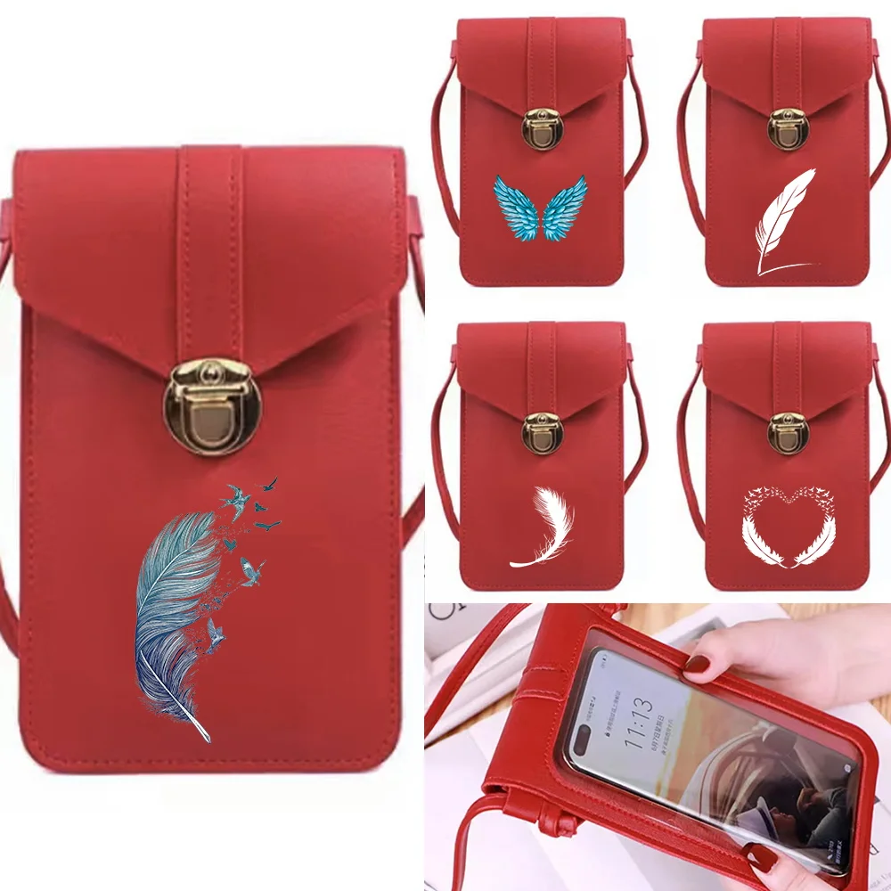 

Universal Touch Screen Mobile Phone Bag Women Crossbody Bags Pu Leather Wallets Card Packet Feather Print Purse Shoulder Pack