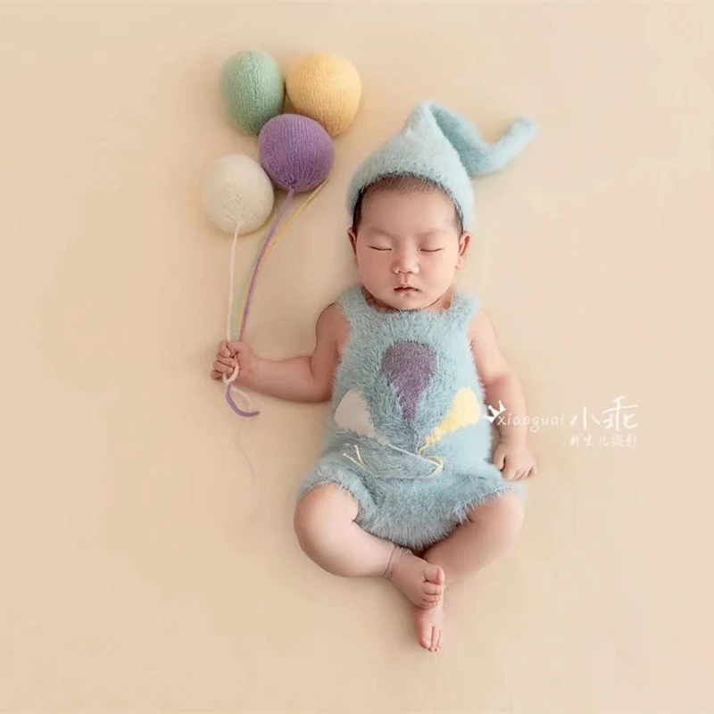 Dvotinst Newborn Baby Photography Props Knitting Balloon Outfits Hat Colorful Balloons Set Creative Studio Shooting Photo Props