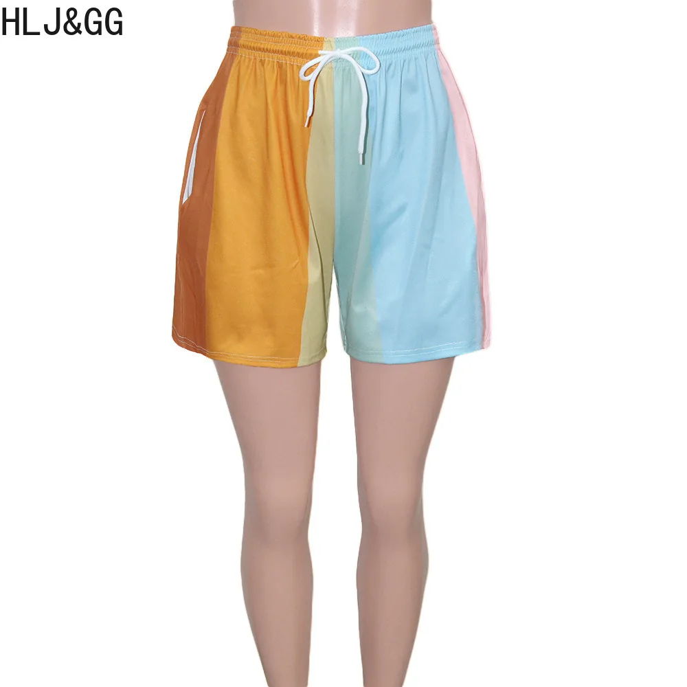 HLJ&GG Casual Multicolour Stitching Drawstring Shorts Women High Waist Loose Party Holidays Clothing Summer Female Pocket Shorts
