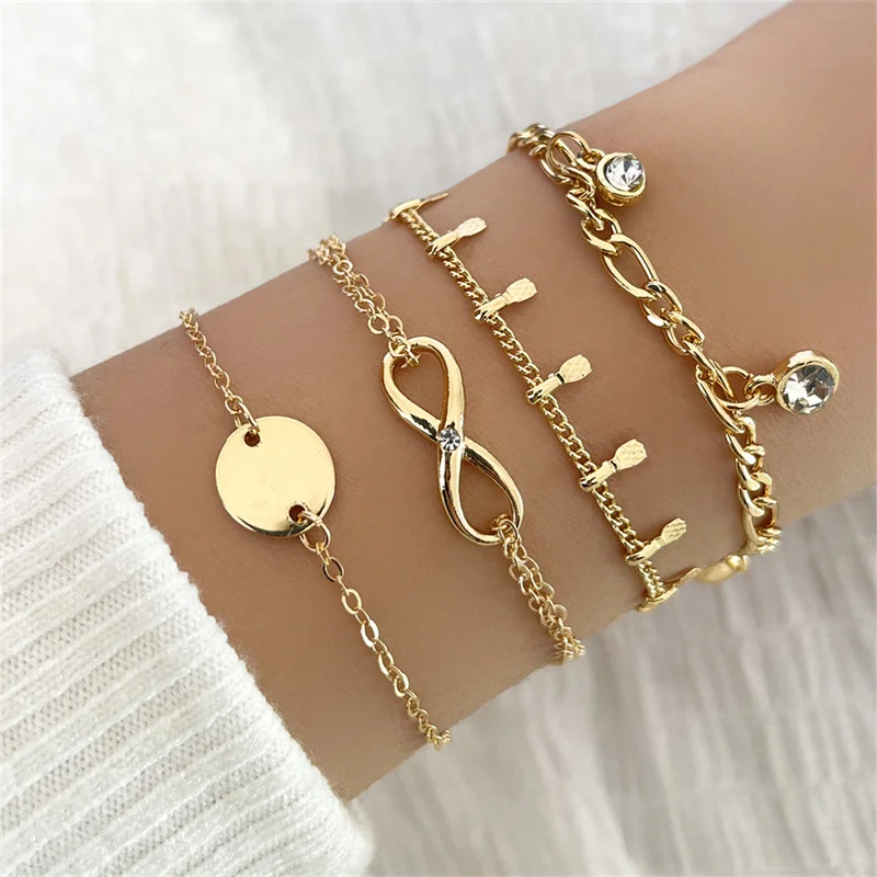 

New Creative Geometric Link Chain Bracelet Set For Women Rhinestones Gold Color Daisy Pendant Open Cuff Bangle Girls Jewelry