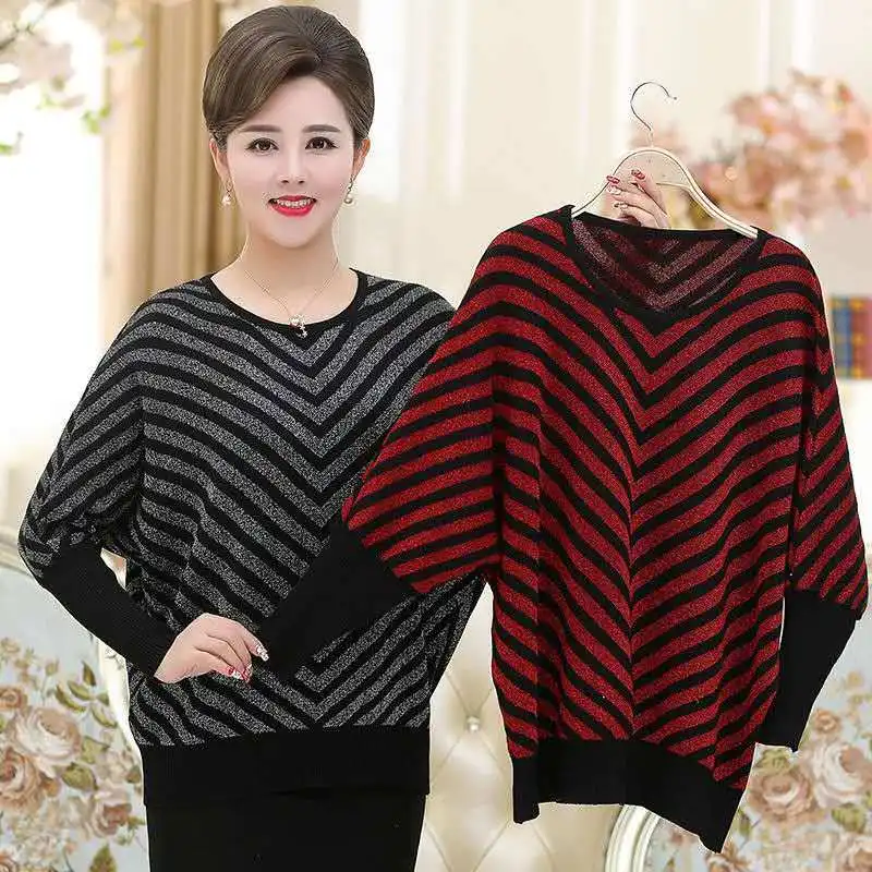 

L-6XL Mom's Knittwear Top Spring Autumn Bat Sleeve Knitted Stripe Bottoming Shirt Women's Round Collar Sweater Top