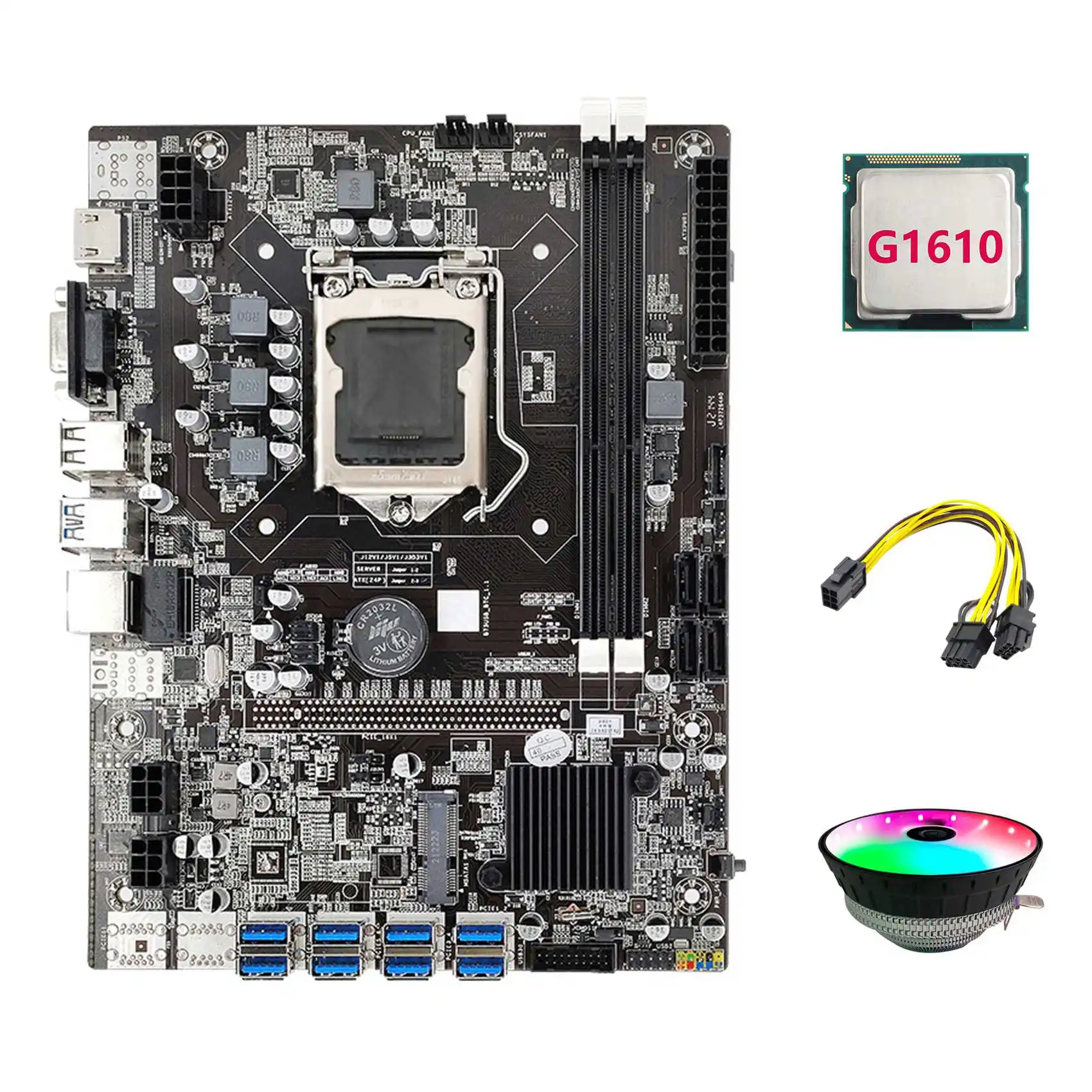 

Материнская плата B75 USB ETH 8XPCIE на USB + G1610 CPU + RGB вентилятор + 6Pin на двойной 8Pin кабель LGA1155 B75 BTC Майнер материнская плата