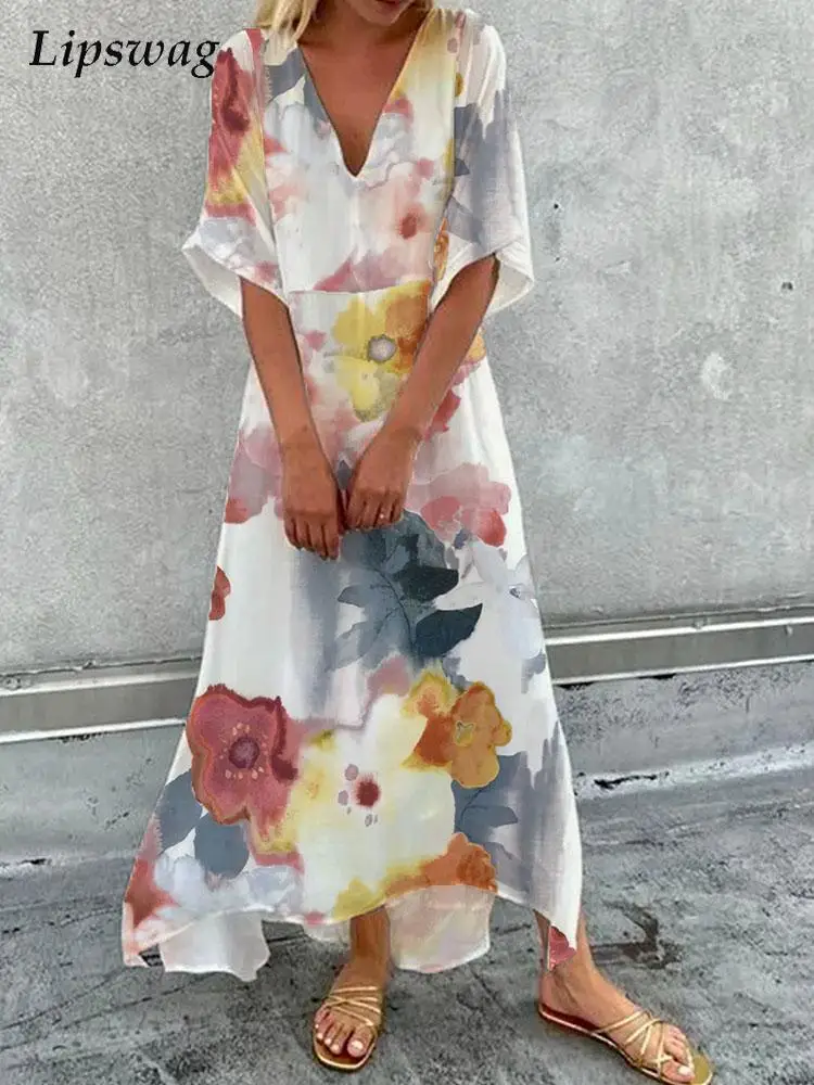 

2022 Summer Women Vintage Pattern Print Party Dress Office Lady Fashion V-Neck Beach Dress Spring New Casual Short Sleeve Dress