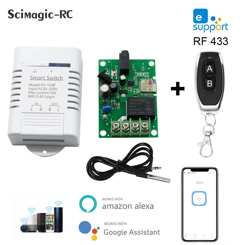 

DS18B20 tuya eWeLink TH-16RF Смарт Wi-Fi переключатель 16A 3000W Мониторинг Датчик температуры RF433 Пульт дистанционного управления Работа с Alexa Siri Google Home