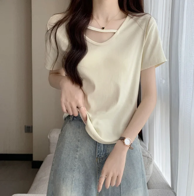 

Top Women's U-neck Cotton Slim Short Sleeve T-shirt
