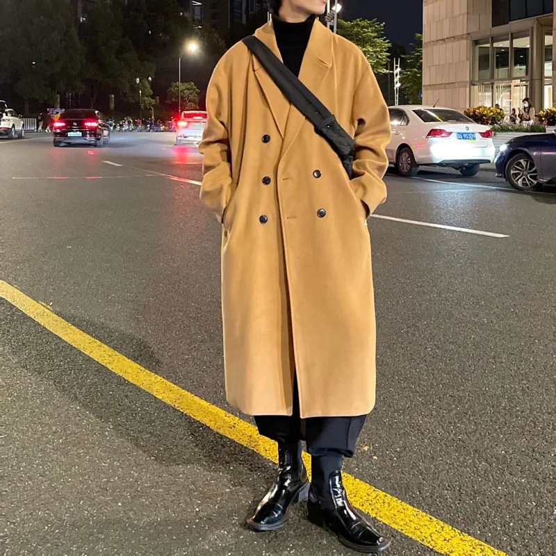 Winter Thicken Woolen Coat Men Warm Fashion Oversize Long Woolen Coat Men Korean Loose Thick Woolen Trench Coat Mens Overcoat