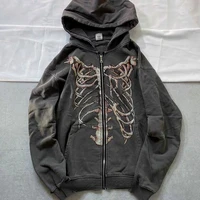 women gothic punk skeleton print hooded sweatshirt harajuku oversized hoodies pocket zipper hip hop hoodie tops streetwear