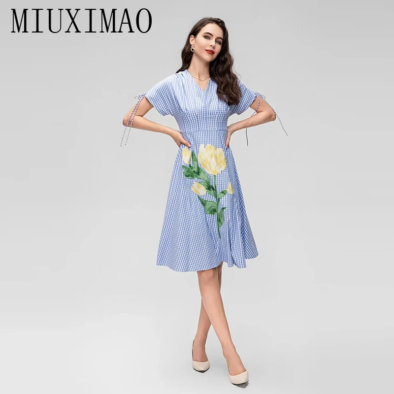 MIUXIMAO 2023 Spring&Summer Elegant Dress Short Sleeve V-Neck Embroidery Flower Fashion Knee length Dress Women Vestide