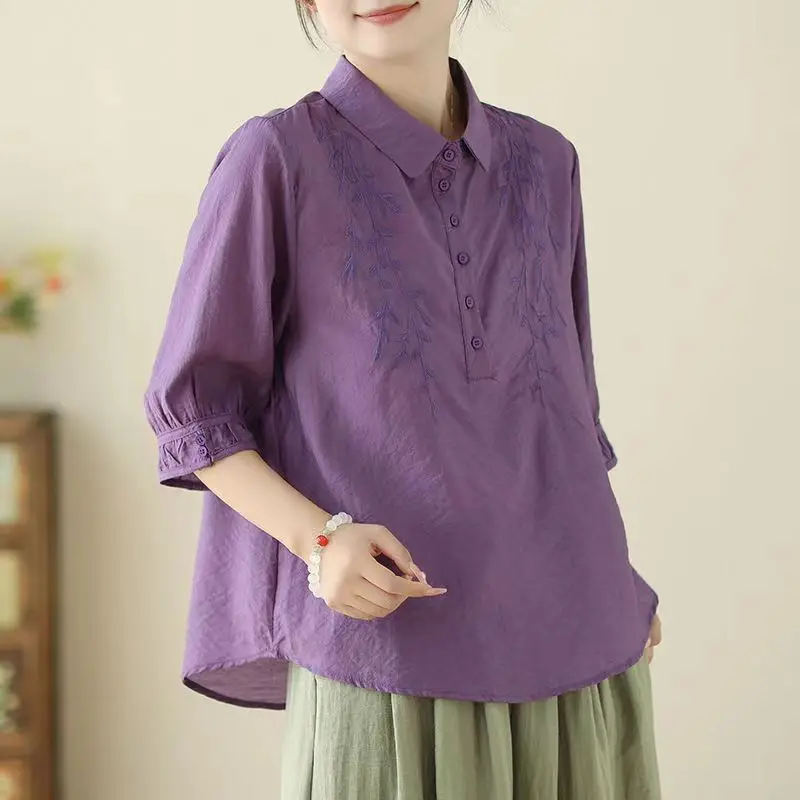 Женская одежда однотонный пуловер с отложным воротником на пуговицах вышивкой