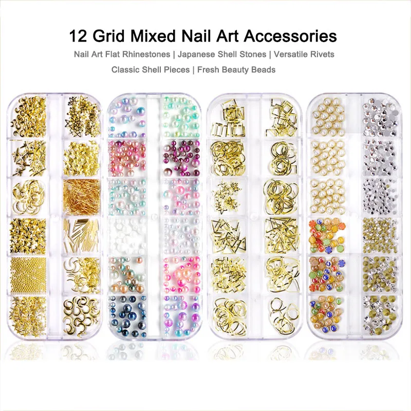 

12 Grid Box Mixed Shape Nail Art Rhinestones Flat Bottom Rivet Nail Sequins For DIY Nail Art Decoration Accessories