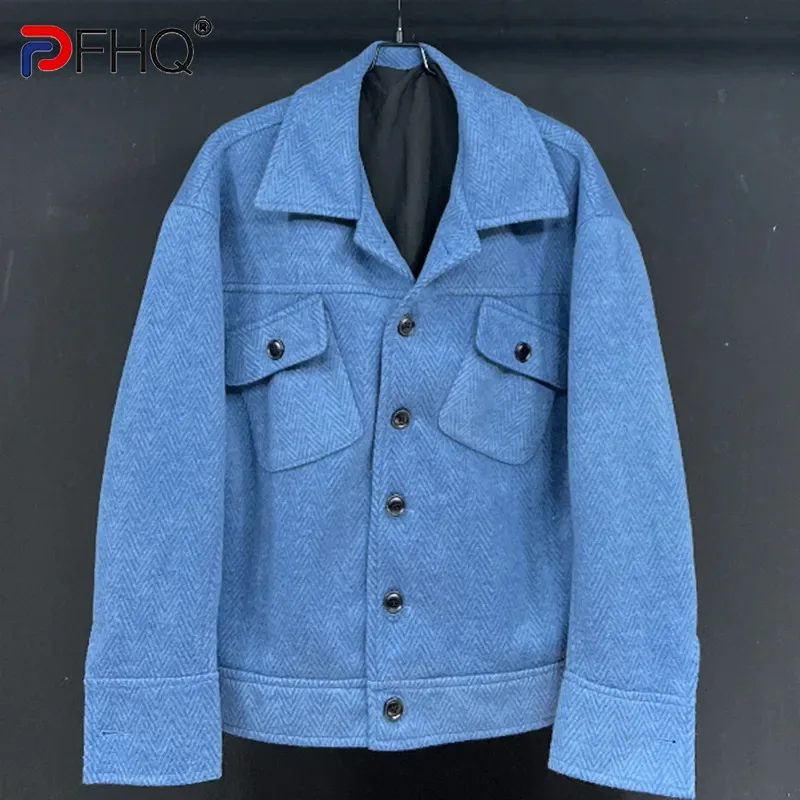 

PFHQ Men's Herringbone Pattern Cashmere Jackets Short Lapel Woolen Fabric Trend Autumn Single Breasted Handsome Coat Ins 21Z2647