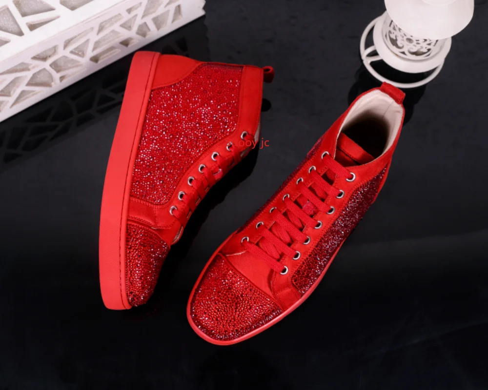 

Designer luxury men's shoes women's red bottom shoes rhinestone high-top men's shoes rivets personalized leather hot diamond lac