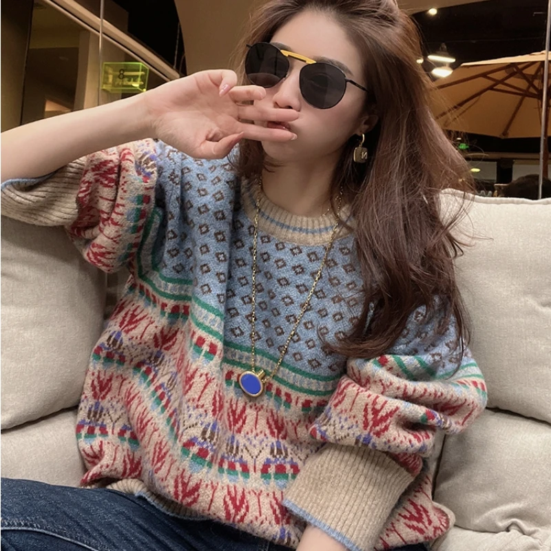 

Женские пуловеры в стиле ретро, зима 2022, кашемировые Рождественские свитера, Модные свободные джемперы с длинным рукавом, одежда в Корейско...