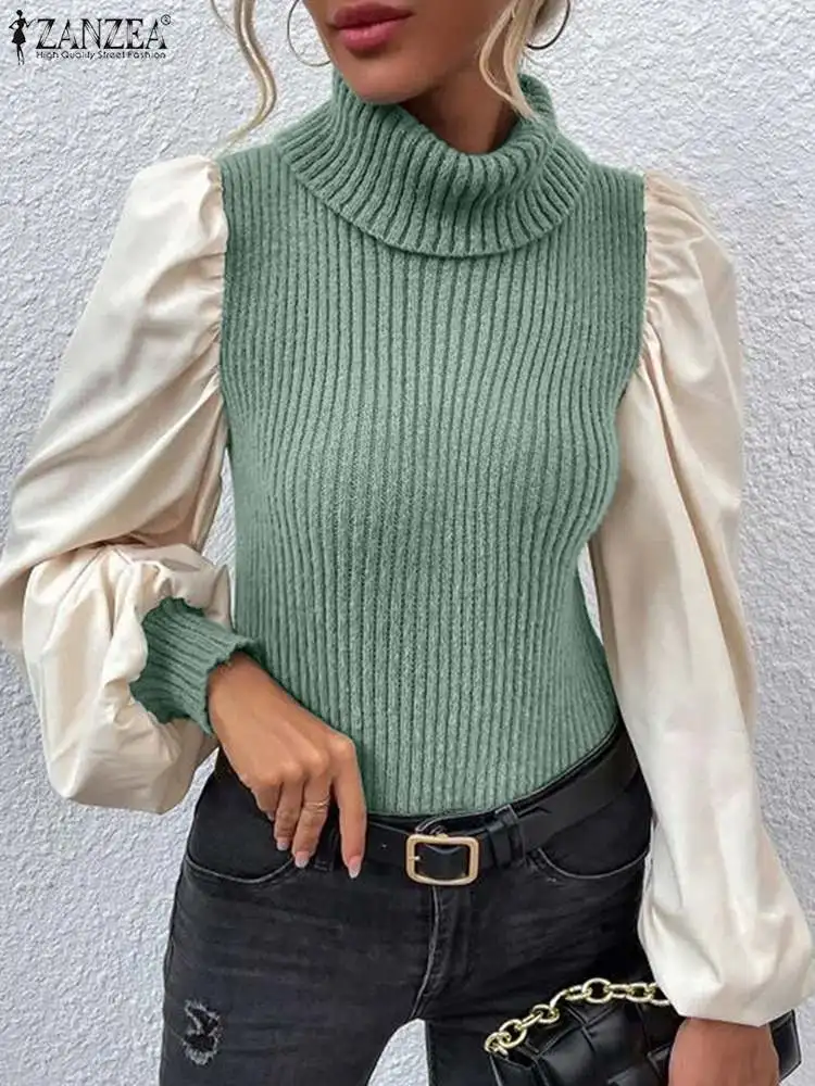 

ZANZEA Fashion Ribbed Knitted Sweaters Women Puff Sleeve Patchwork Turtleneck Slim Pullover 2023 Autumn Color Block Chic Tops