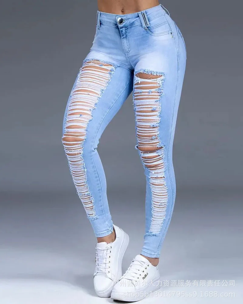 

Zip Fly Cutout Ripped Skinny Jeans Women Holes Bleached Mid Waist Sexy Pencil Jeans Denim Pants Trousers Slim