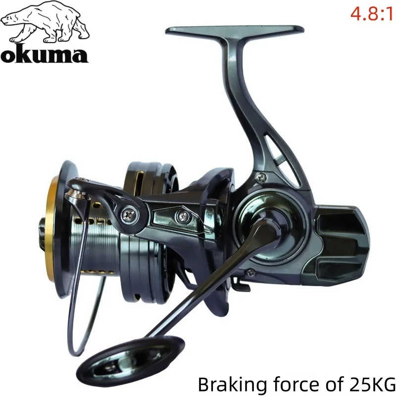 Фото Рыболовная катушка OKUMA 8000-14000, металлическое колесо для дальнего заброса, направляющая стержня, рыболовное колесо, 25-30 кг, тормозная рыбалка №3