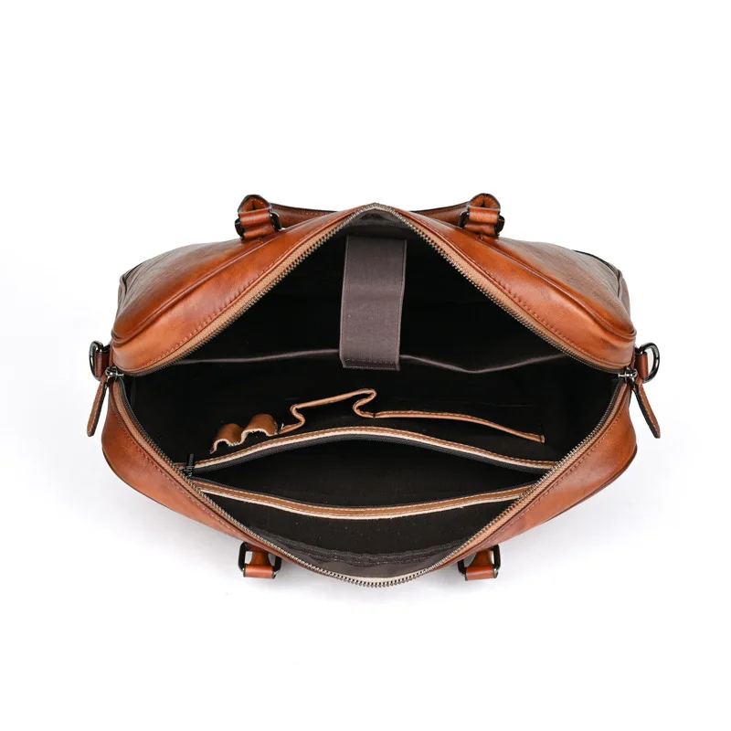 Vintage Horizontal Men's Briefcases Bag Genuine Leather 15-Inch Laptop Tote Bag Large Capacity Male Shoulder Messenger Bag