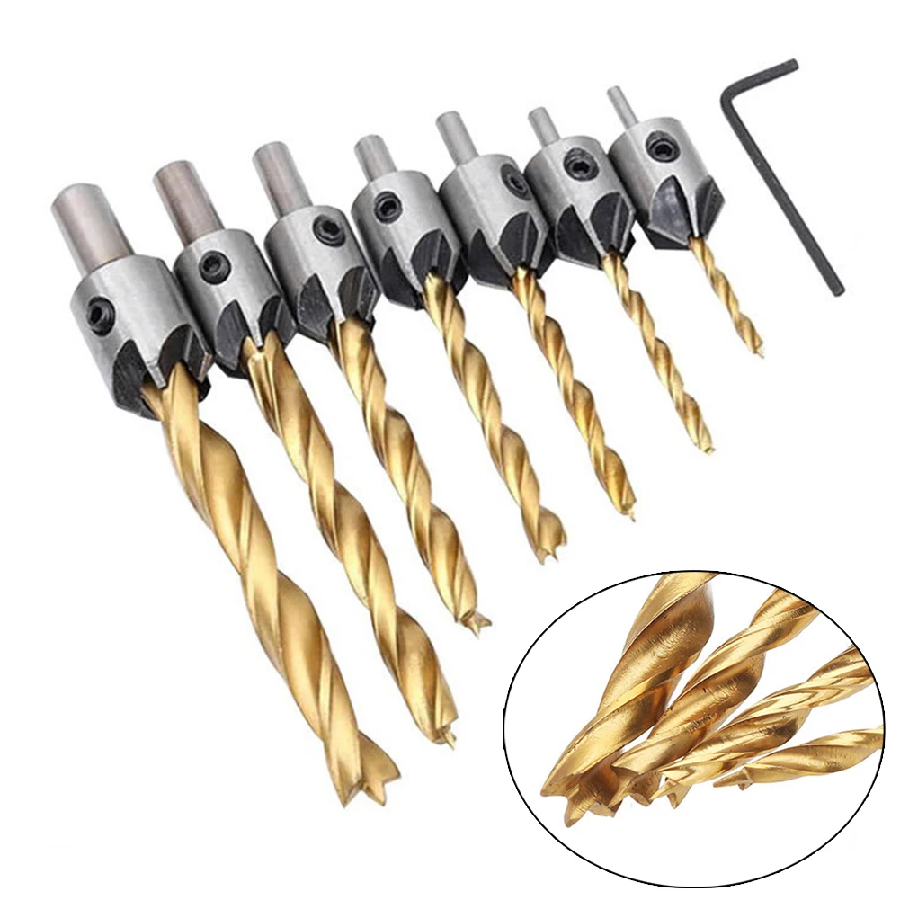

7pcs Countersunk Drill Bit 3-10mm Three Point Head W/ Key Wrench For Carpentry Woodworking Hole Punching Cutter Tool Parts