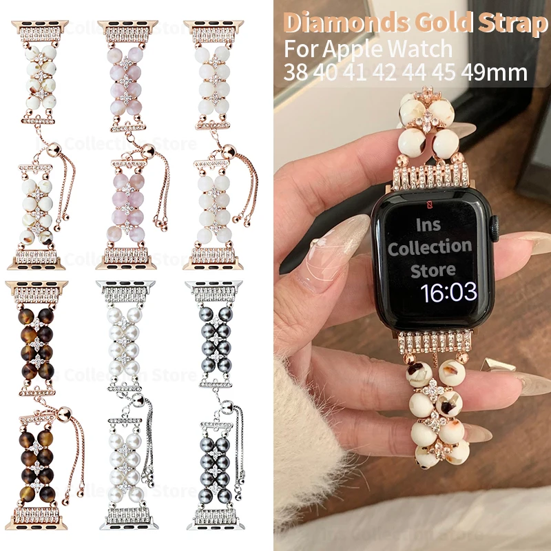 

Diamonds Metal Strap for Apple Watch Band 44mm Correa 38 40 41 42 45 49 Pearls Bracelet for Iwatch Series 7 SE5 6 4 3 Woman Belt
