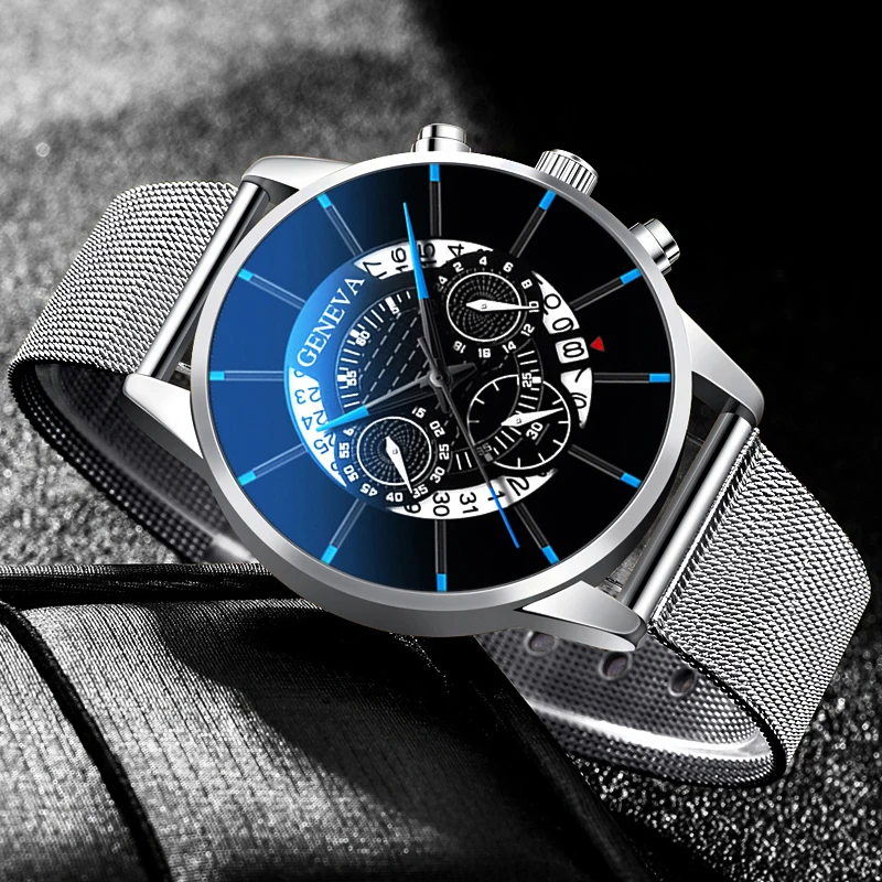 

GENEVA Luxury Brand Mens Fashion Calendar Watches Men Business Stainless Steel Mesh Belt Analog Quartz Watch relogio masculino