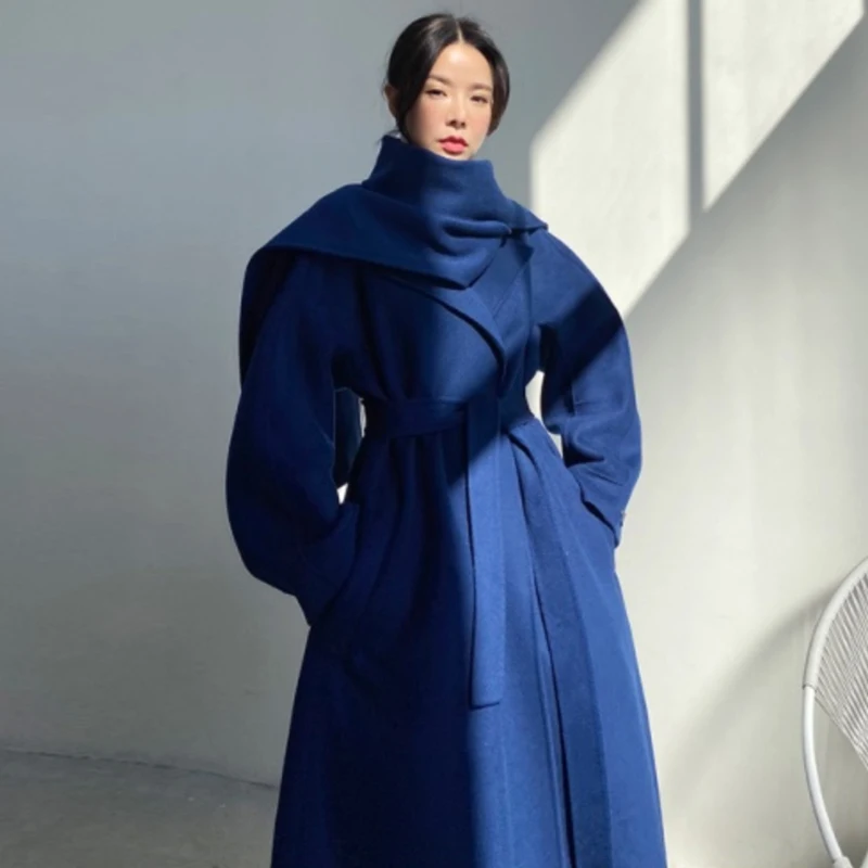 

ZCSMLL Korean Chic Autumn and Winter Vintage Large Lapel Lace Up Waist Loose Big Size Solid Color Long Woolen Coat