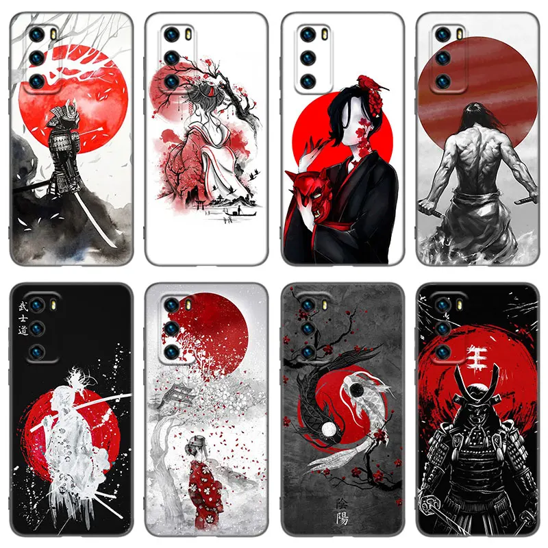 Anime Japanese Red Sun Phone Case For Huawei P8 P9 P10 P20 P30 P40 Lite 2017 P50 P Smart Pro Z S 2018 2019 2020 2021 Black Cover